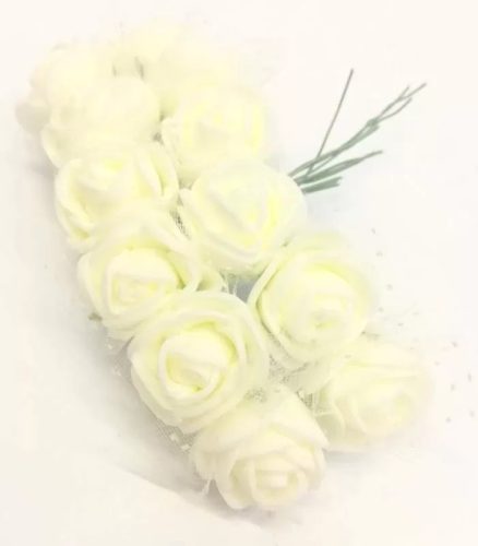 Dekor fehér rózsa zöld drótszáron 15mm 12db-os