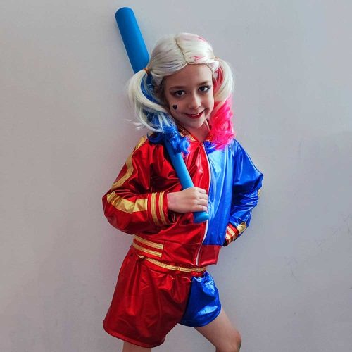 Harley Quinn gyerek jelmez parókával és baseball ütővel 7-9-év