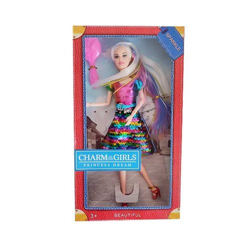 Színes hajú Barbie baba szivárvány ruhában 30 cm