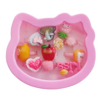   10 db-os műanyag gyűrű szett kislányoknak, ékszertartó dobozzal