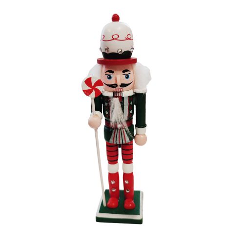Karácsonyi Diótörő Figura, klasszikus öltözetben nyalóka pálcával 18 cm